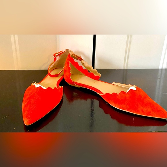 Anthropologie Shoes - ANTHROPOLOGIE Red suede flats with scalloped detail and ankle straps.